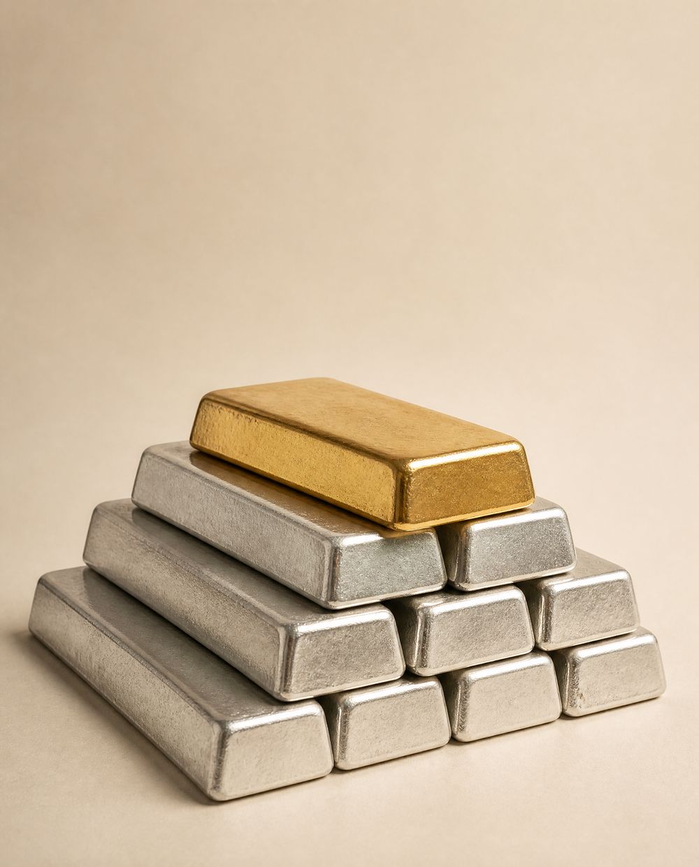 Stacked silver bullion bars topped with a gold bar