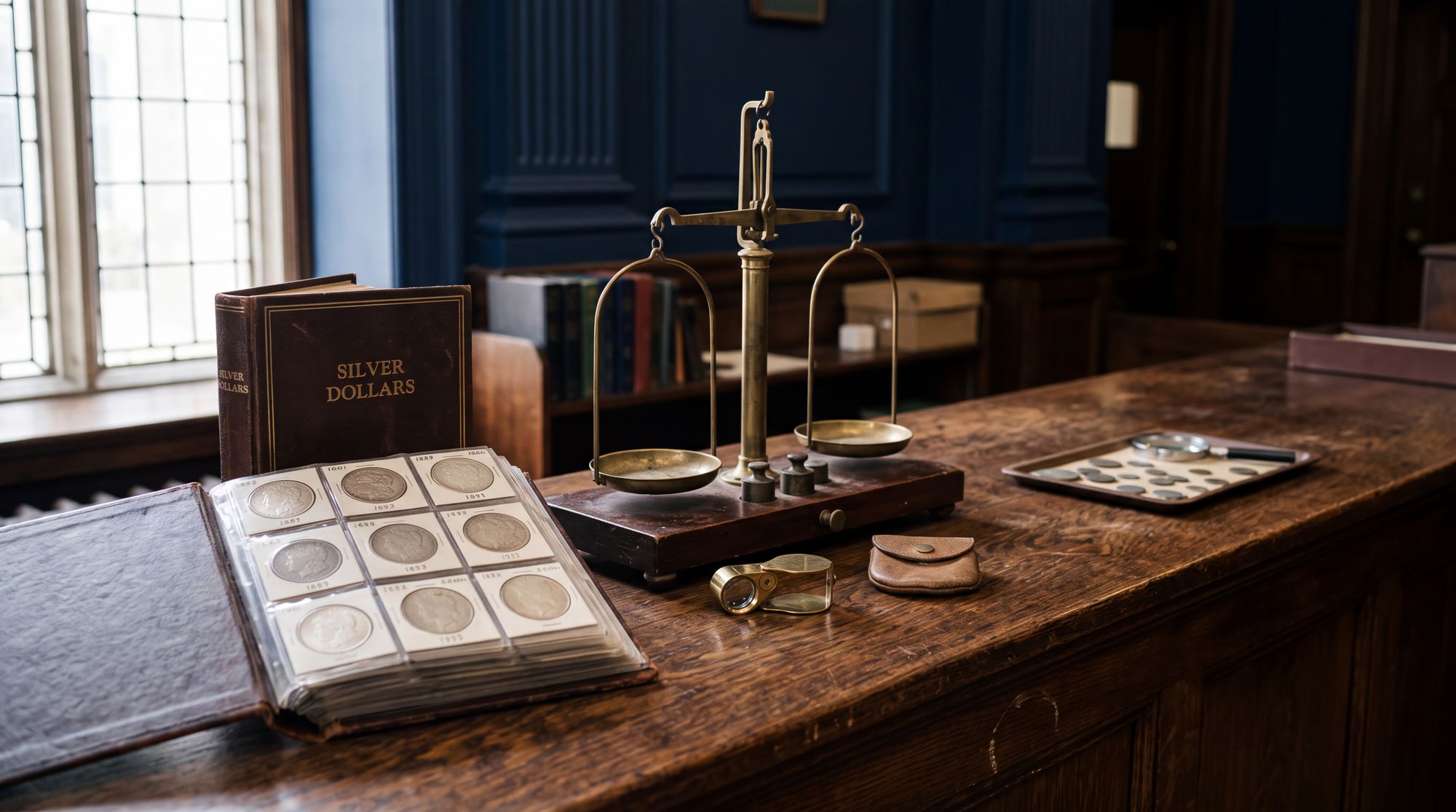 Wooden dealer's counter with a brass balance scale, jeweler's loupe, and an open album of silver dollars in front of a navy-paneled wall