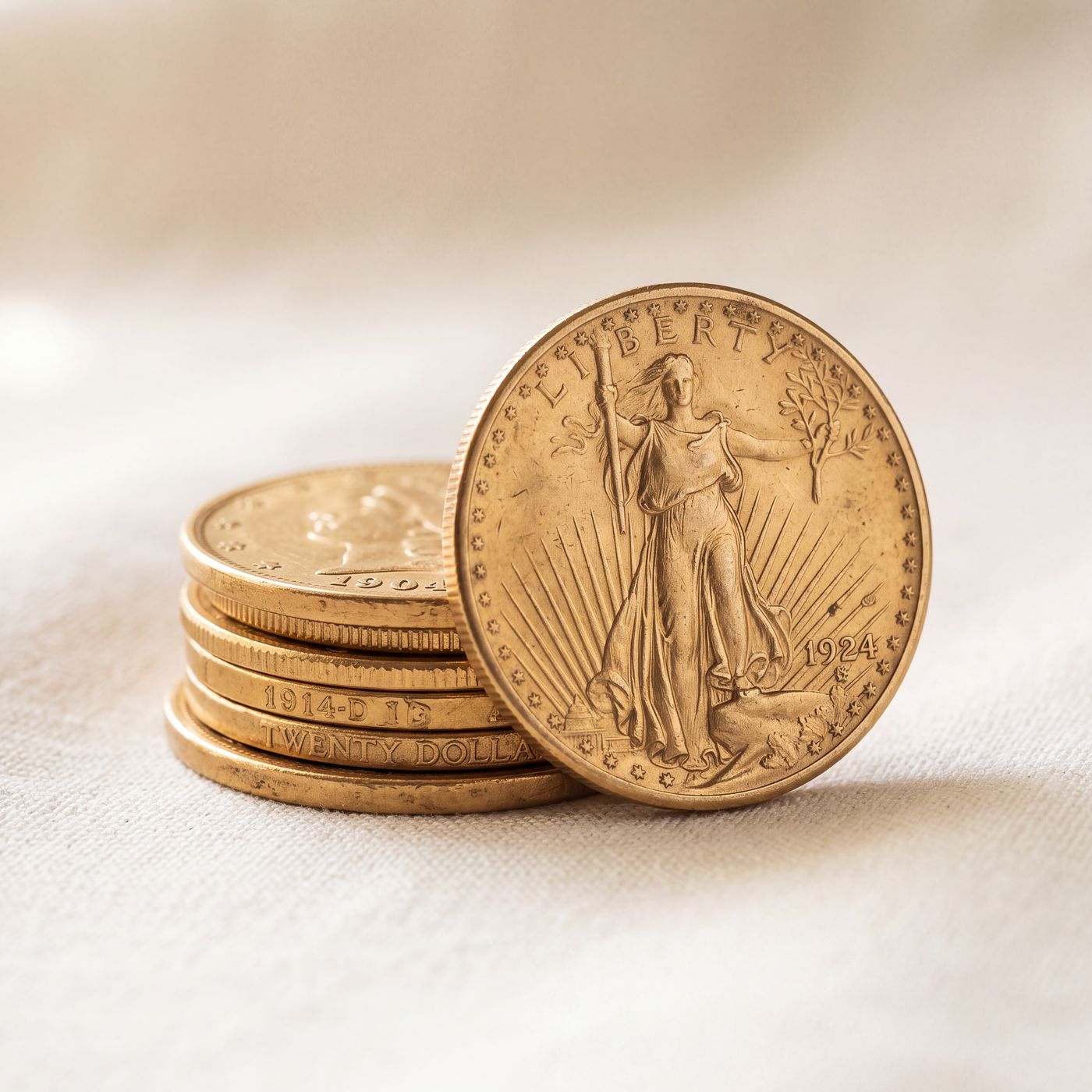 Stack of pre-1933 American gold coins with a Saint-Gaudens double eagle leaning against it