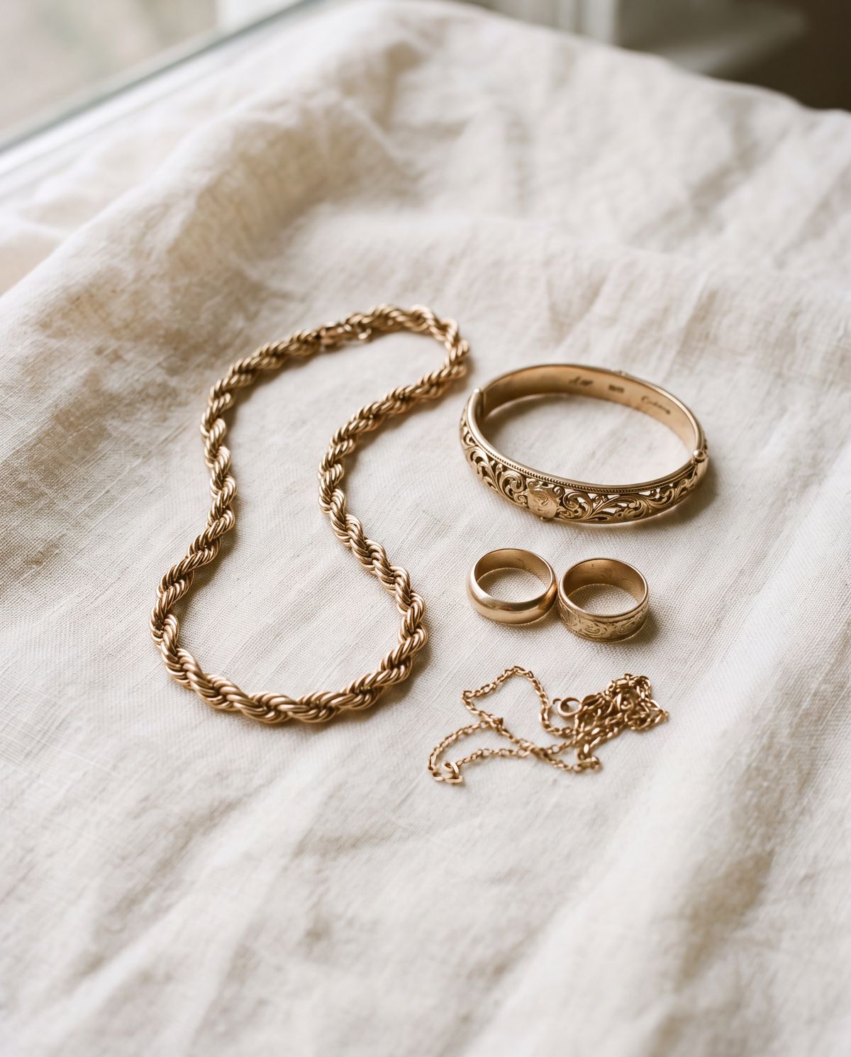 Estate gold jewelry arranged on ivory linen — rope chain, bangle, and rings