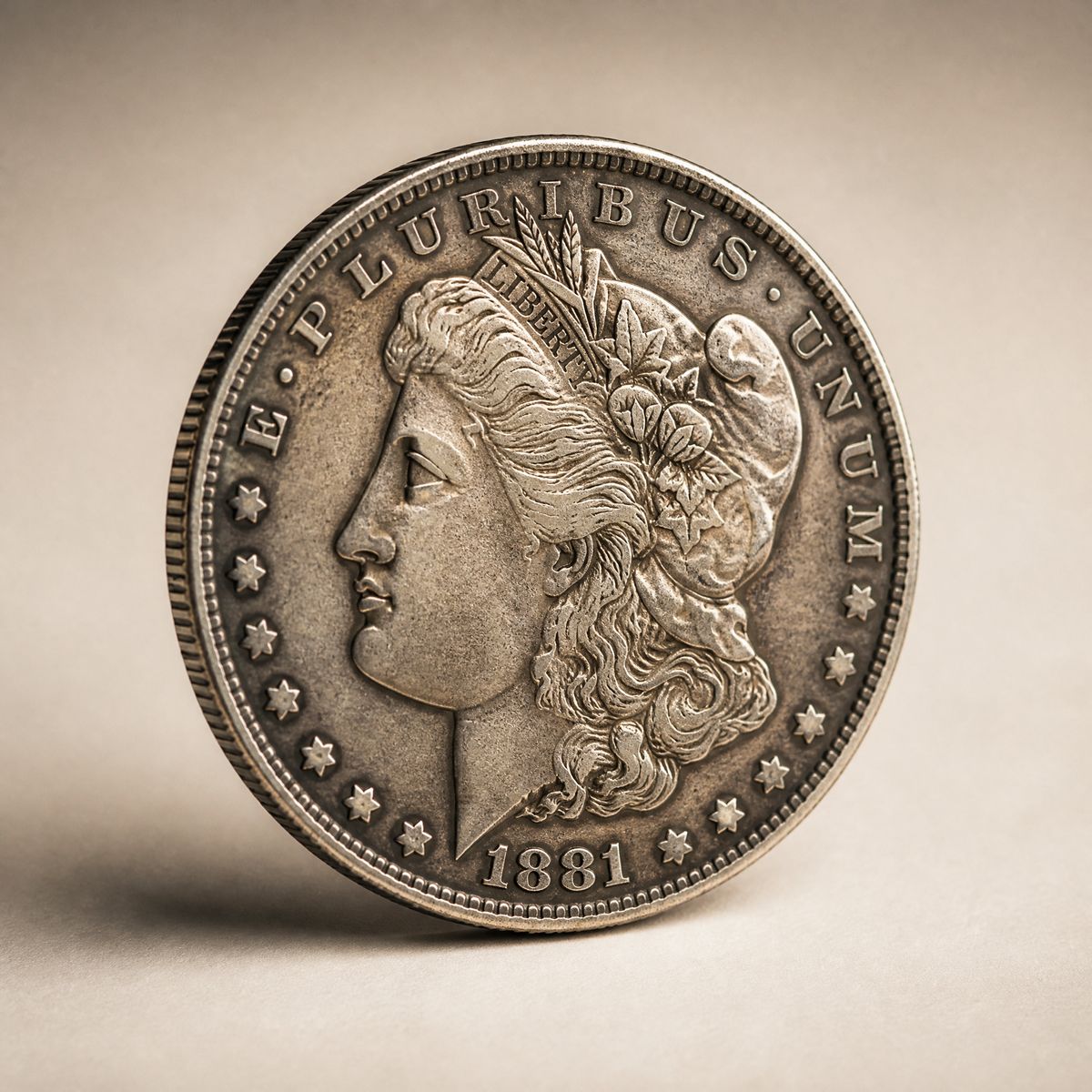 Antique Morgan silver dollar standing upright, photographed in soft studio light
